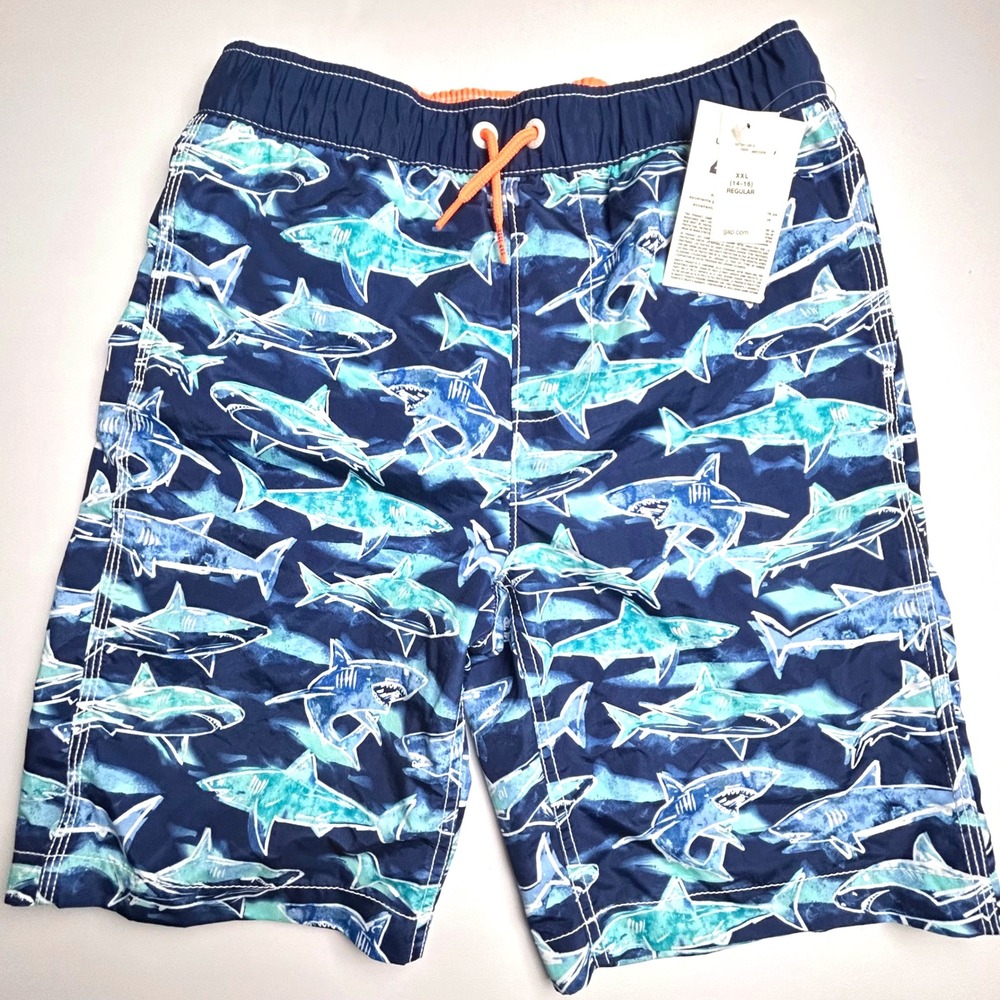 GAP Surf Kids‎ Swim Trunks XXL (14-16) Blue Shark Print Swimsuit NWT